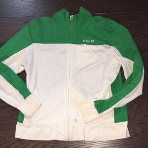 Green White Tennis Warm up jacket Polo Ralph Lauren zipper Sweatshirt w/hole L